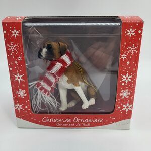 Sandicast Fawn Boxer Dog with Scarf Christmas Ornament Decoration Sandra Brue